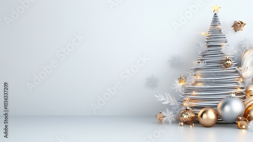 A stylish, minimalistic Christmas tree adorned with silver and gold ornaments, surrounded by soft white decorations on a light background.