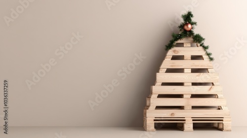 A wooden pallet is creatively arranged to resemble a Christmas tree, adorned with greenery and an ornament, set against a simple backdrop.