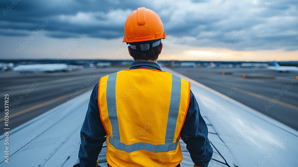 A male airport worker in a safety vest and helmet stands on the wing of an airplane, overlooking the tarmac during sunset with dramatic skies. A male airport worker in a safety vest and helmet stands on the wing of an airplane, overlooking the tarmac during sunset with dramatic skies.