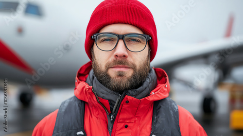 A man in a red hat and jacket stands confidently in front of an airplane, showcasing a focused look on a cold day at the airport. photo