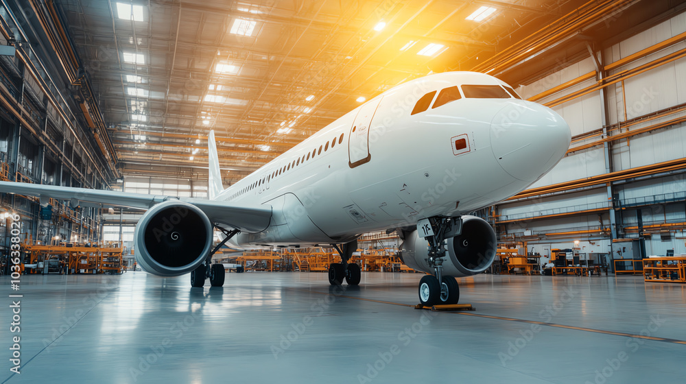 A modern airplane in a spacious hangar with bright lighting, showcasing the aviation industry and aircraft maintenance atmosphere. A modern airplane in a spacious hangar with bright lighting, showcasing the aviation industry and aircraft maintenance atmosphere.