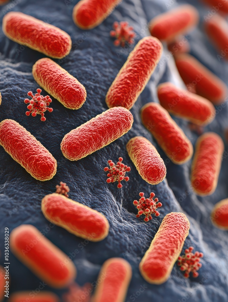 High-Resolution Image of Bacteria and Viruses Under Microscope: E. coli Rod Shaped Bacteria and Viral Particles on Surface for Microbiology and Health Studies High-Resolution Image of Bacteria and Viruses Under Microscope: E. coli Rod Shaped Bacteria and Viral Particles on Surface for Microbiology and Health Studies