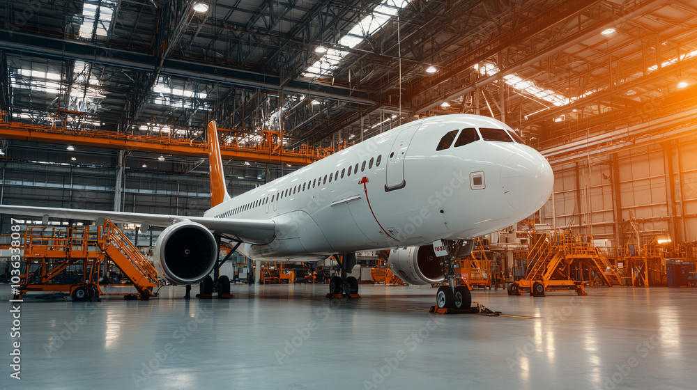 A parked commercial airplane in a spacious hangar, showcasing modern aviation technology and maintenance equipment in a well-lit environment. A parked commercial airplane in a spacious hangar, showcasing modern aviation technology and maintenance equipment in a well-lit environment.