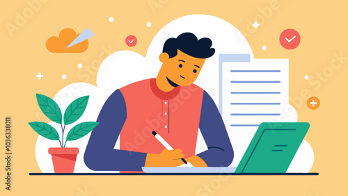 With a pen and paper a man creates a personal mantra to repeat throughout his day for positive energy.. Vector illustration
