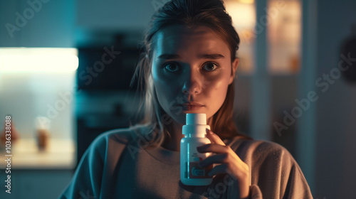 Woman holding small bottle of weight-loss pills, looking determined and focused in a minimalist, well-lit room with copy space for text.
 photo