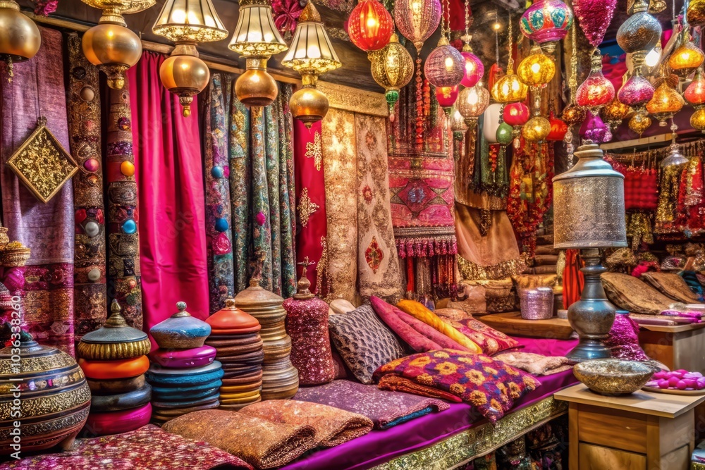 In a fantastical bazaar, vendors offer exotic wares in shades of berry pink and soft beige, including rare, glowing fabrics and delicate, gemstone-studded trinkets In a fantastical bazaar, vendors offer exotic wares in shades of berry pink and soft beige, including rare, glowing fabrics and delicate, gemstone-studded trinkets
