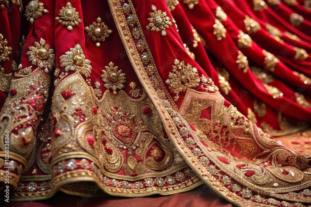 Obraz premium A grand, sweeping, crimson red drape, embroidered with intricate, golden thread, adorned with glittering, gemstone-studded, Arabian-inspired patterns.