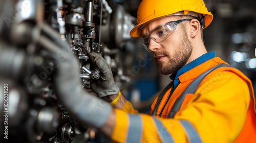 A skilled worker in safety gear, inspecting industrial machinery with precision in a well-lit environment, showcasing focus and expertise.