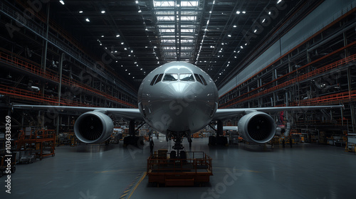 A sleek aircraft is positioned in a spacious hangar under bright lights, showcasing its design and engineering in an aviation manufacturing environment.