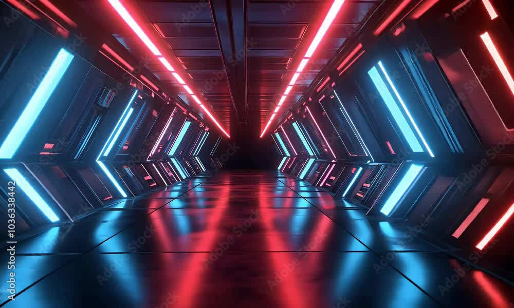 3D render, an abstract futuristic tunnel background with neon blue and red lights on dark black geometric shapes in a high-tech space style.