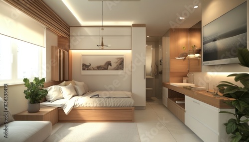 A minimalistic 30 sqm studio with a Murphy bed, compact sofa, and modern kitchenette in an open layout 3. Generative AI