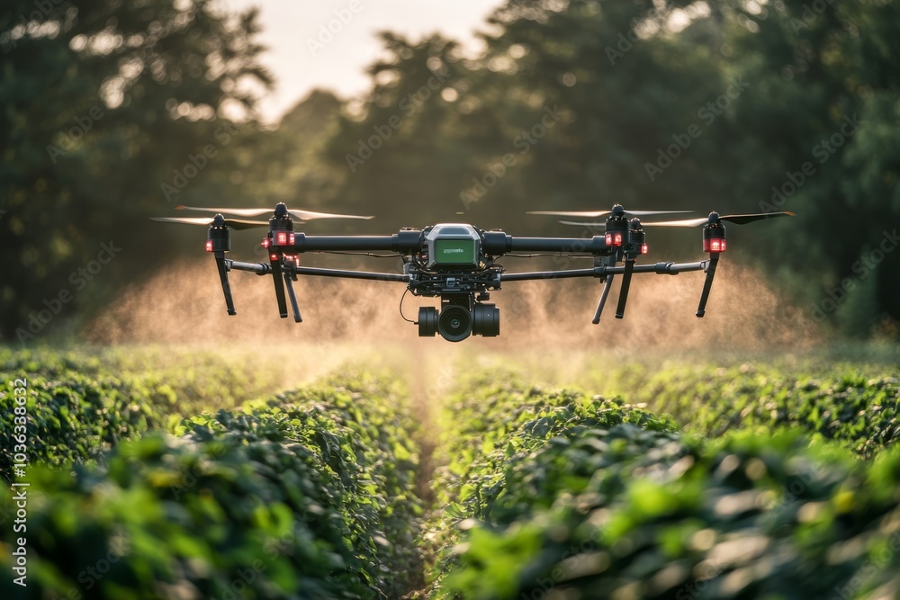 Drone Spraying Crops In Field At Sunset Drone Spraying Crops In Field At Sunset