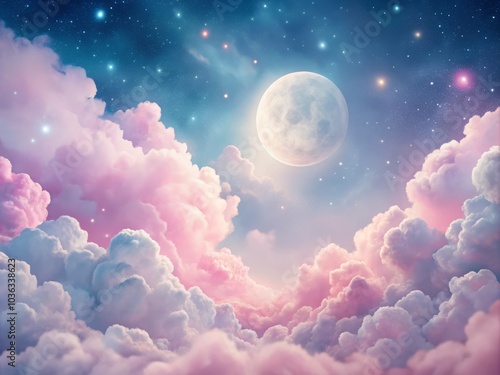 7. Whimsical, Soft Pink and Cool Gray cloud formations, with delicate, dreamy clouds and whimsical moonlight