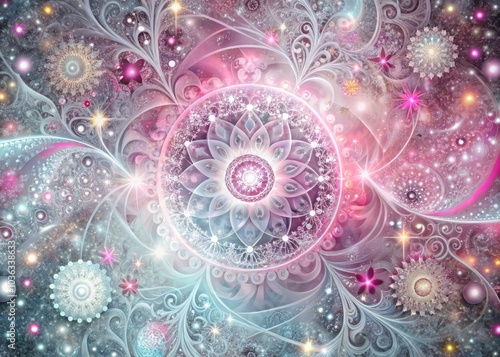 8. Vibrant, Soft Pink and Cool Gray celestial-inspired digital art, with intricate, shimmering effects and vibrant, swirling patterns
