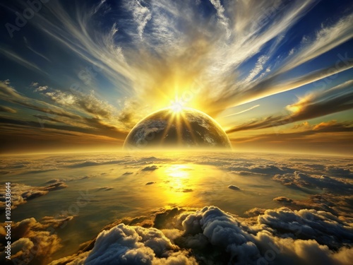 In a world of eternal dawn, charcoal gray shadows retreat before the soft yellow radiance of a rising sun.