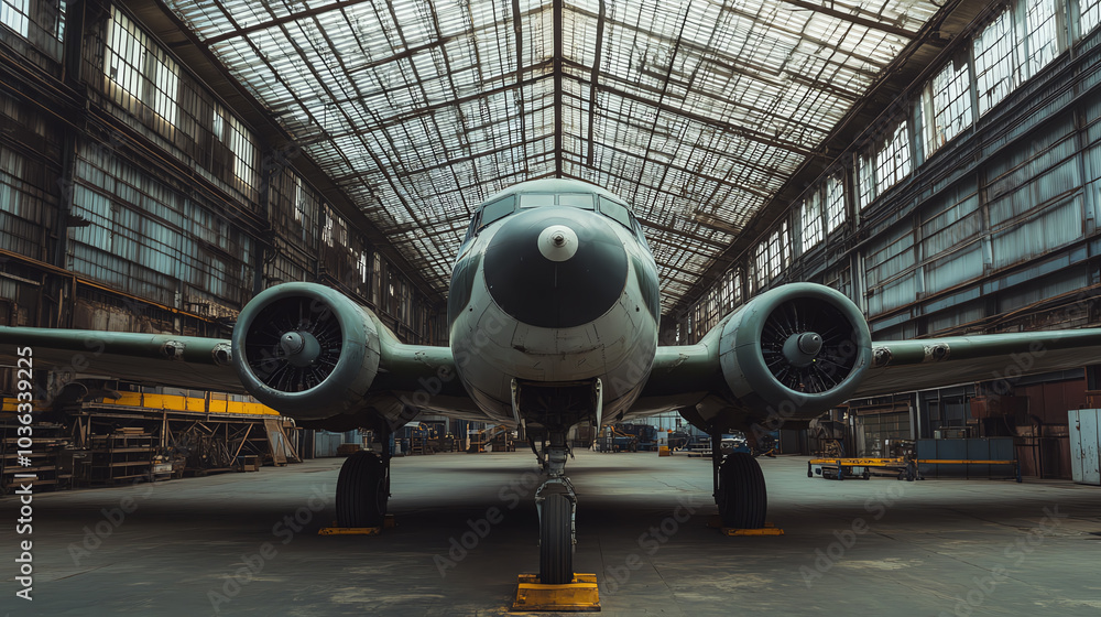 An airplane showcased inside a spacious hangar, surrounded by industrial architecture, highlighting its unique design and vintage charm. An airplane showcased inside a spacious hangar, surrounded by industrial architecture, highlighting its unique design and vintage charm.