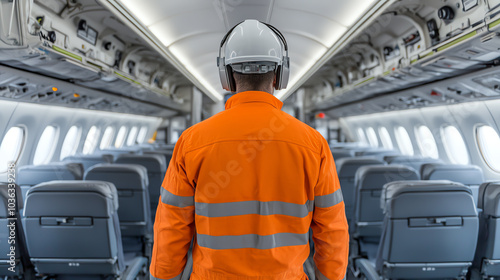 An airplane's interior with a worker in safety gear, highlighting aviation safety and maintenance protocols. photo