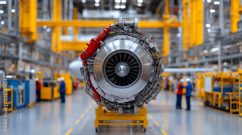 Close-up of a jet engine in a modern manufacturing facility, showcasing precision engineering and advanced technology amidst a vibrant industrial setting.