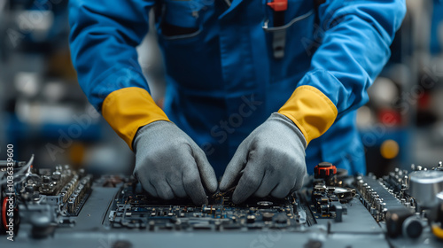 Close-up of a technician's hands in blue coveralls and gloves working on machinery components in an industrial setting.