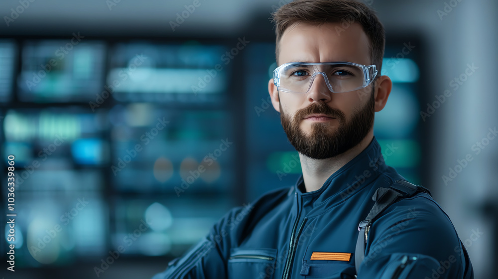 Confident technician wearing protective glasses, showcasing expertise in a high-tech environment with digital screens in the background. Confident technician wearing protective glasses, showcasing expertise in a high-tech environment with digital screens in the background.