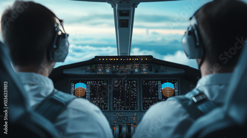 Cockpit view of two pilots operating a modern aircraft during flight, showcasing high-tech cockpit instruments and an expansive sky. photo