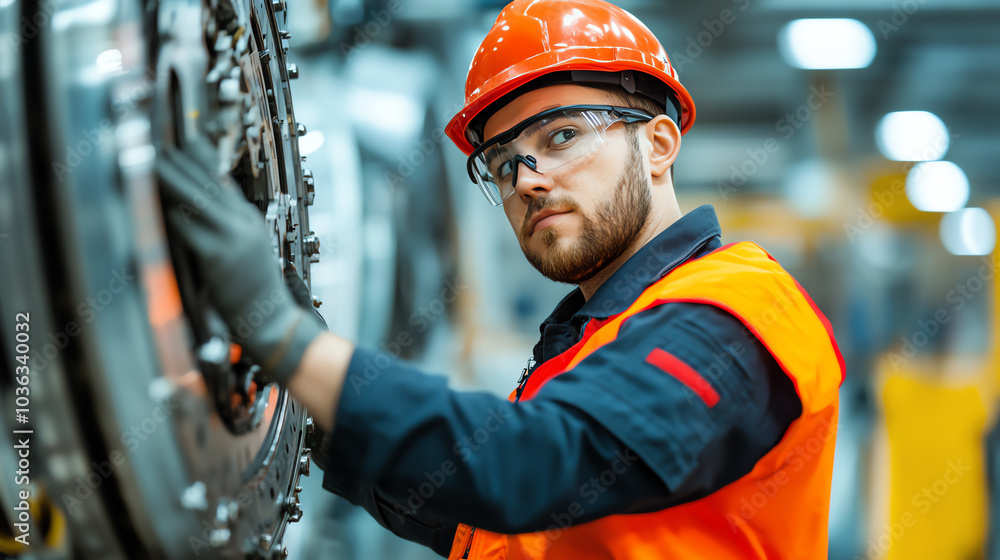 Focused worker in safety gear inspecting machinery in a modern industrial setting. Focused worker in safety gear inspecting machinery in a modern industrial setting.