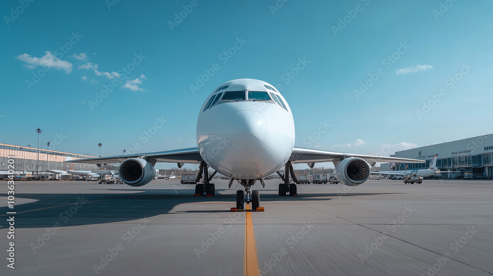 Front view of a modern airplane on an airport runway under a clear blue sky, showcasing aviation technology and travel. Front view of a modern airplane on an airport runway under a clear blue sky, showcasing aviation technology and travel.