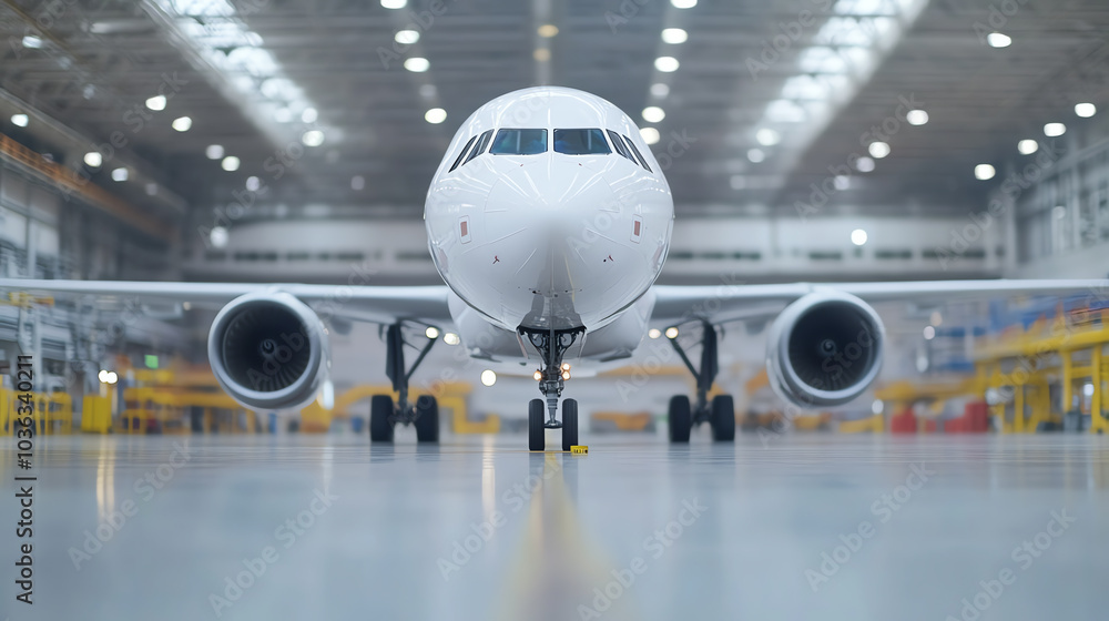 Front view of an airplane in a spacious aircraft hangar, showcasing the engines and fuselage against a bright, industrial background. Front view of an airplane in a spacious aircraft hangar, showcasing the engines and fuselage against a bright, industrial background.