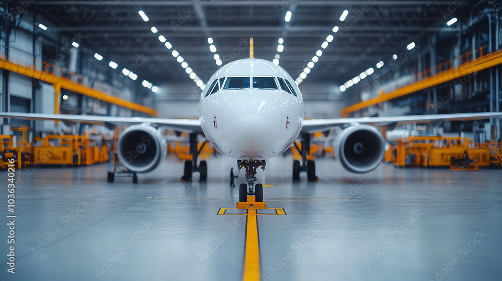 Front view of a modern airplane parked in a spacious hangar, showcasing its sleek design and advanced engineering in an industrial setting. Front view of a modern airplane parked in a spacious hangar, showcasing its sleek design and advanced engineering in an industrial setting.