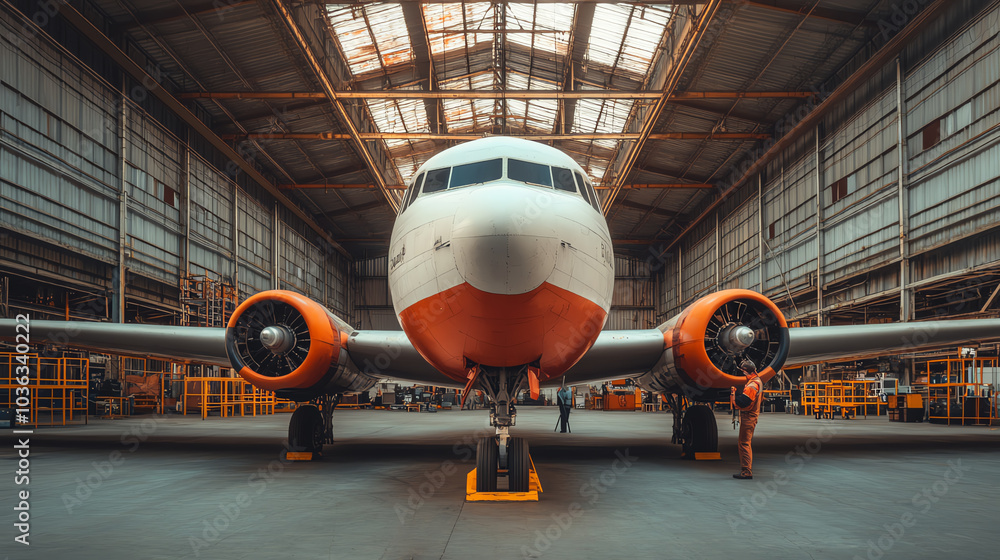 Front view of an aircraft in a hangar, showcasing its details and mechanics. Ideal for aviation enthusiasts and industry-related content. Front view of an aircraft in a hangar, showcasing its details and mechanics. Ideal for aviation enthusiasts and industry-related content.