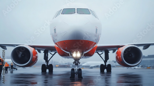 Front view of an airplane on a wet runway, showcasing its sleek design and vibrant colors amidst a cloudy sky, perfect for travel enthusiasts. photo