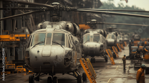 Helicopters lined up in a manufacturing facility, showcasing aviation technology and engineering excellence. Industrial backdrop highlights maintenance.