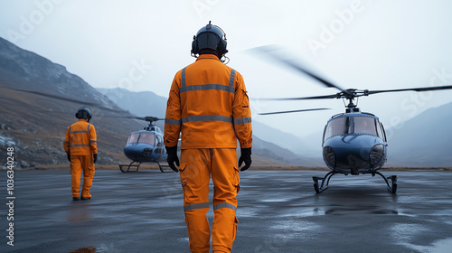 Helicopter crew in orange uniforms preparing for a flight in a mountainous area during overcast weather. photo