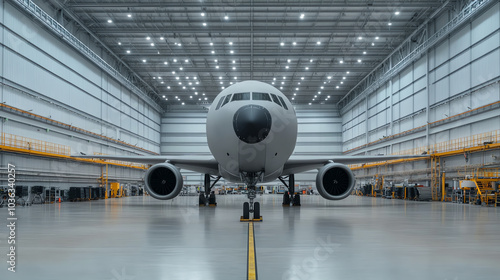 Large aircraft in a spacious hangar, showcasing the intricate design and engineering of aviation technology inside a modern facility.