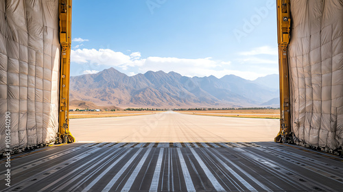 Open aircraft cargo door revealing a stunning view of a runway and surrounding mountains under a clear blue sky. photo