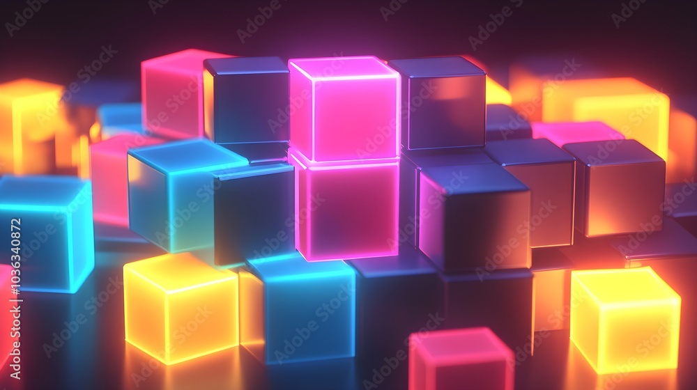 Abstract Neon Glowing Cubes 3D Rendering Abstract Neon Glowing Cubes 3D Rendering