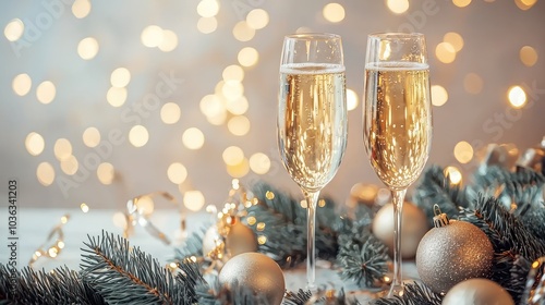 Two champagne glasses in New Year decor, light setting.