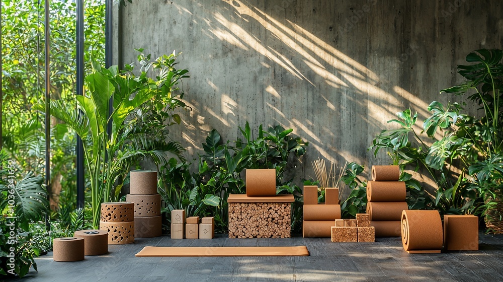 A modern yoga studio with a wooden floor, a concrete wall, and a large window with greenery outside. A modern yoga studio with a wooden floor, a concrete wall, and a large window with greenery outside.