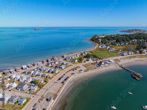 Hull Village aerial view including Telegraph Hill in Hingham Bay in Boston Harbor, the peninsula is part of Hull, Massachusetts MA, USA.  photo