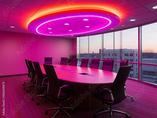 A modern, brightly lit conference room with an oval table and chairs, a large window with a view of the city, and a unique, colorful light fixture. photo