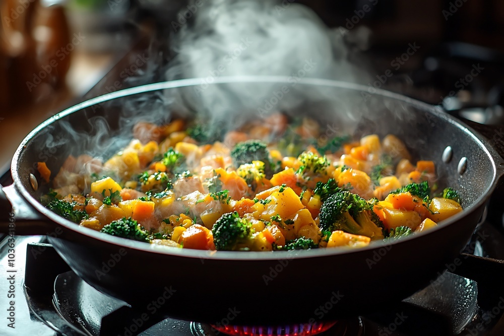 A pan of steaming vegetables cooking on a stovetop. A pan of steaming vegetables cooking on a stovetop.