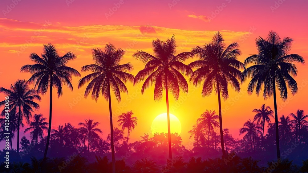 Palm tree silhouettes during sunrise or sunset in a tropical setting Palm tree silhouettes during sunrise or sunset in a tropical setting
