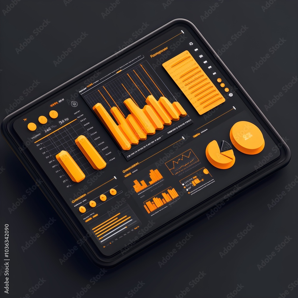 3D Orange and Black Business Data Dashboard on Tablet 3D Orange and Black Business Data Dashboard on Tablet