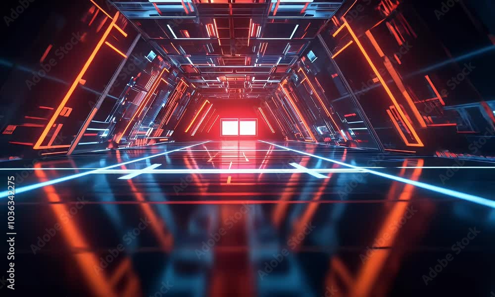 3D render, an abstract futuristic tunnel background with neon blue and ...