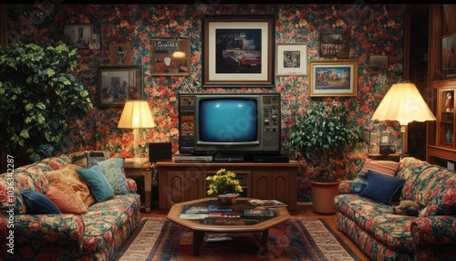 A cozy 90s living room with a floral sofa, CRT TV, vintage games, and vibrant plants 1. Generative AI