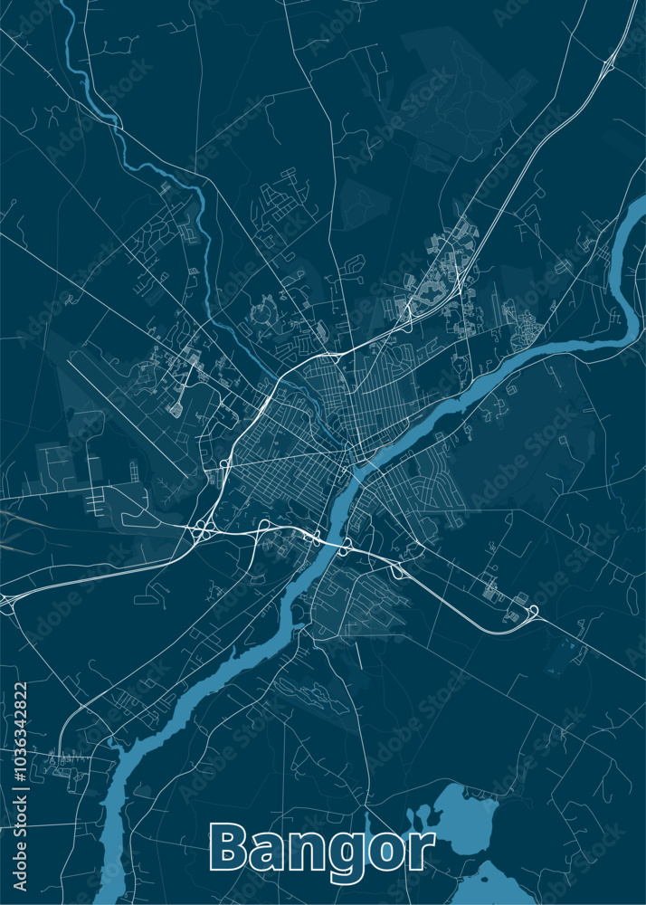 Obraz premium Map of Bangor, Maine, rendered in a minimalist style. The map features a dark blue background with white lines representing roads and waterways.