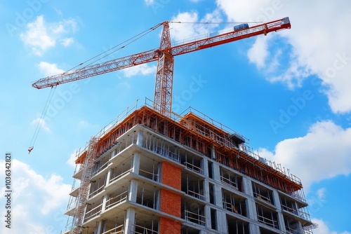 Construction Crane Lifting Building Materials Against Blue Sky