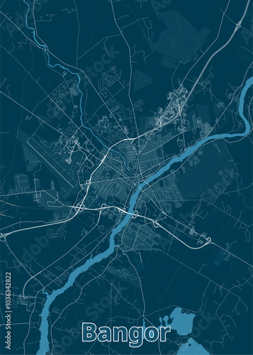 Map of Bangor, Maine, rendered in a minimalist style. The map features a dark blue background with white lines representing roads and waterways.