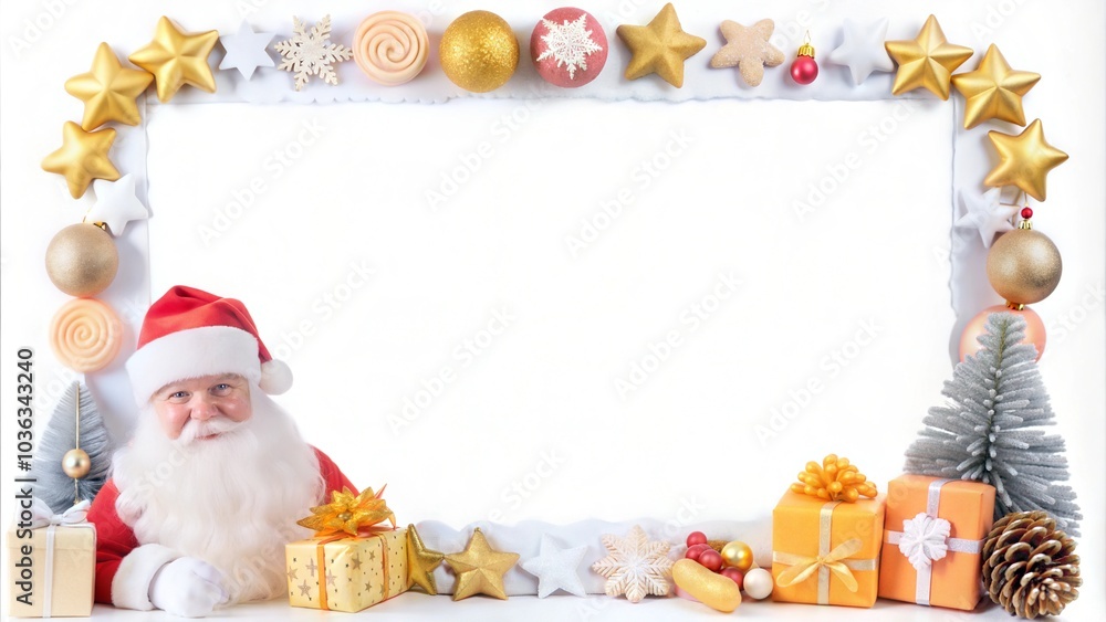 Fototapeta premium Festive Christmas frame with Santa Claus decorated with golden stars,snowflakes and gift boxes.Blank white space for greetings,print seasonal cards and social media posts.