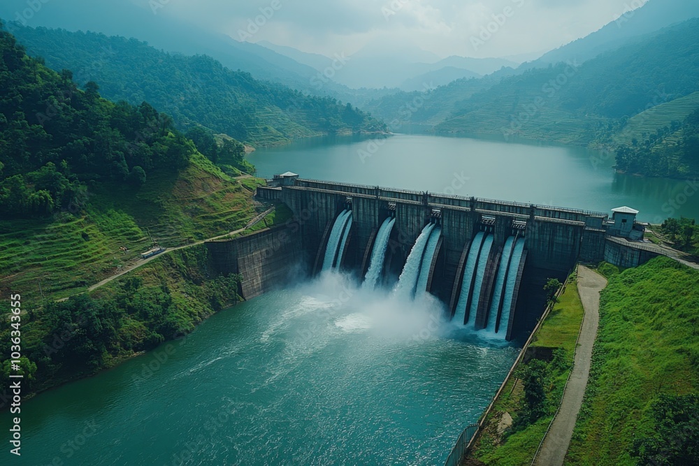 Dam with Water Flowing Over It in a Mountainous Region Dam with Water Flowing Over It in a Mountainous Region